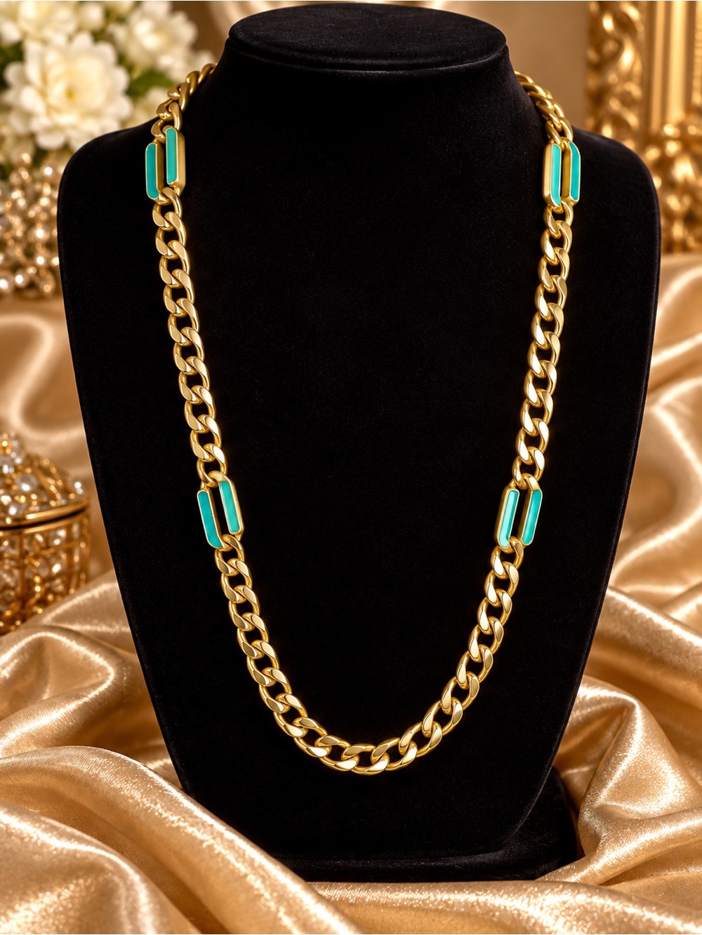 Bo ya he 1980’s Givenchy Gold Chain Necklace with Turquoise Inset Links